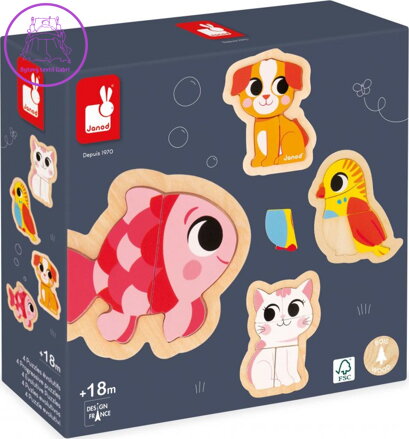 JANOD Dřevěné obrysové puzzle Mazlíčci 4v1 (2,3,4,5 dílků)