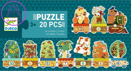 DJECO Puzzle Vlak se zvířátky a čísly 20 dílků