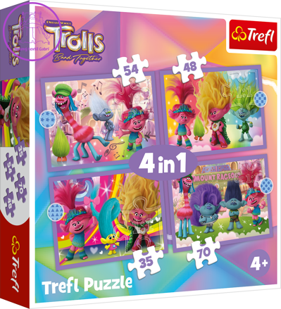 TREFL Puzzle Trollové: Barevné dobrodružství 4v1 (35,48,54,70 dílků)