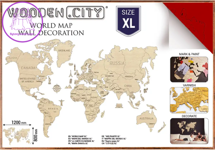 WOODEN CITY Dřevěná mapa světa velikost XL (120x80cm) červená