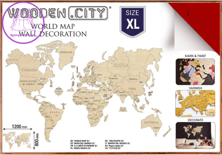 WOODEN CITY Dřevěná mapa světa velikost XL (120x80cm) červená