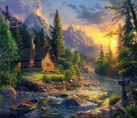 NORIMPEX Diamantové malování Chata u brodu 30x40cm