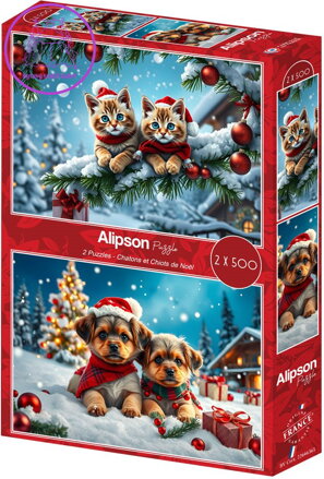 ALIPSON Puzzle Vánoční koťátka a štěňátka 2x500 dílků