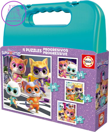 EDUCA Puzzle v kufříku Super Kitties 4v1 (12,16,20,25 dílků)