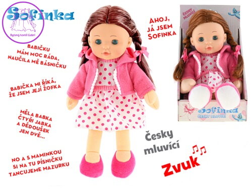Panenka Sofinka hnědovláska  31cm mrkací měkké tělo na baterie česky mluvící v krabičce