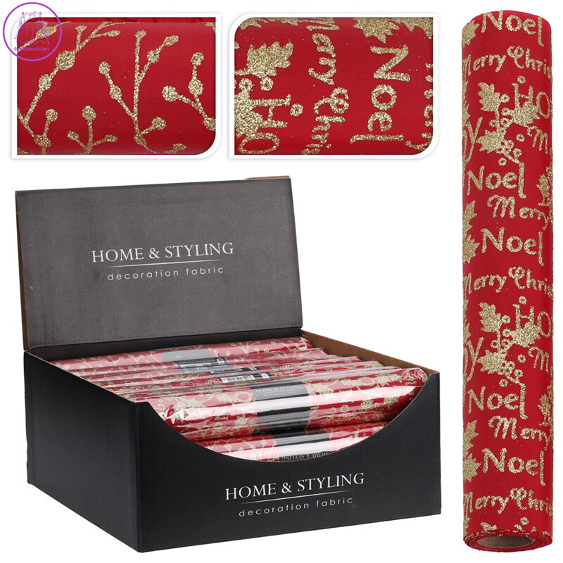 Organza látková 28x270 cm - červená, třpytivý potisk zlaté barvy (mix 2 motivů)