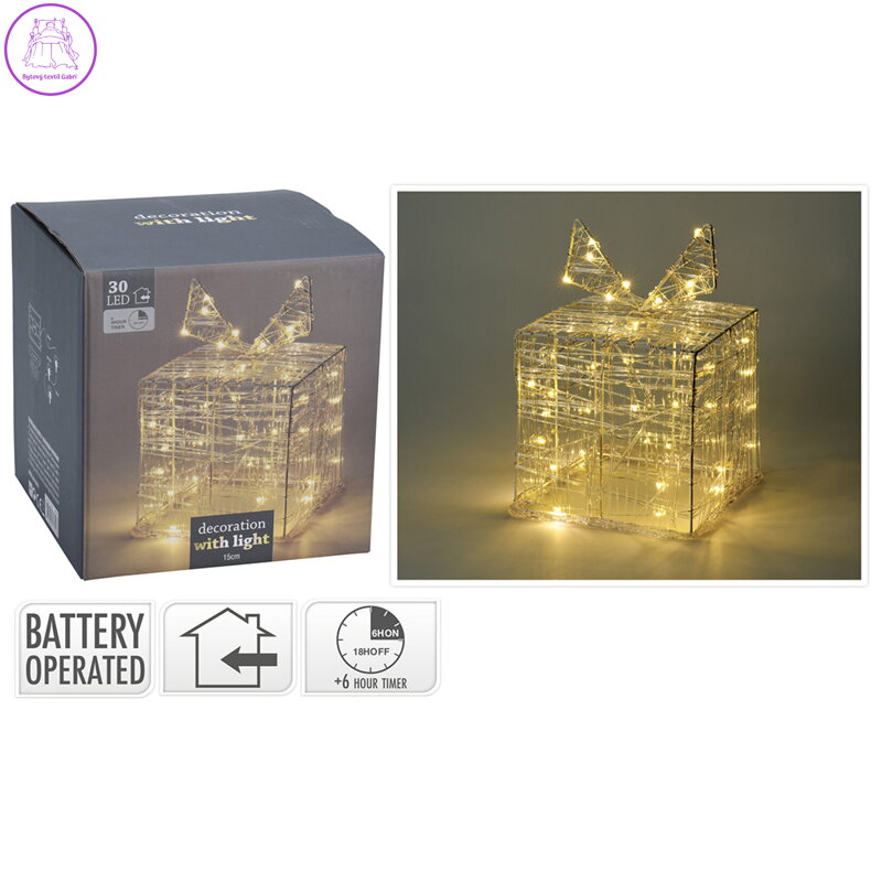 Dárková krabička s mašlí a LED světlem, 15 cm