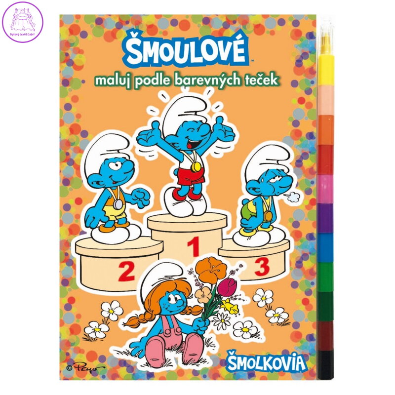 Omalovánka Šmoulové - maluj podle barevných teček + maxi voskovka
