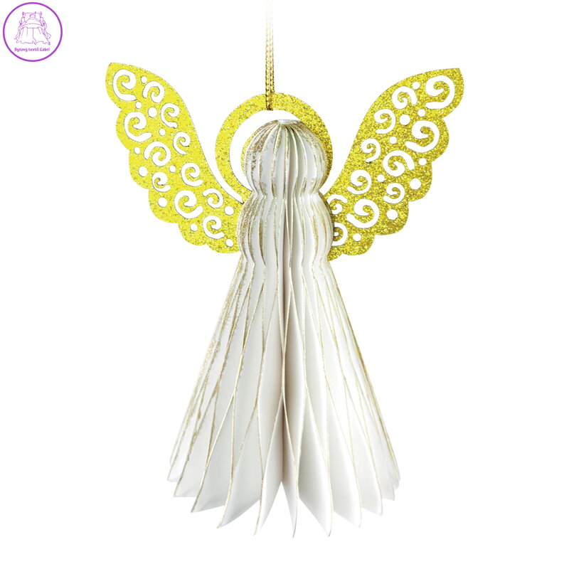 Dekorace Bílý anděl (2 ks), papír + PET, závěsný, 10 cm