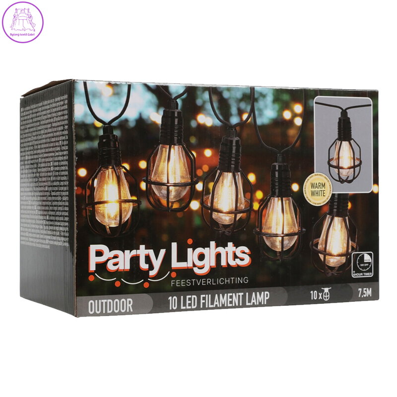 Párty osvětlení - řetěz 10 LED svítidel, teplá bílá, délka 7,5 m