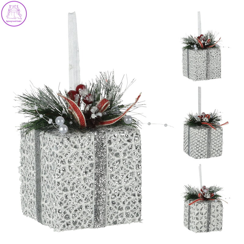 Vianočný box 8x8x12 cm čipkovaný so stuhou, strieborné trblietky, mix /1ks