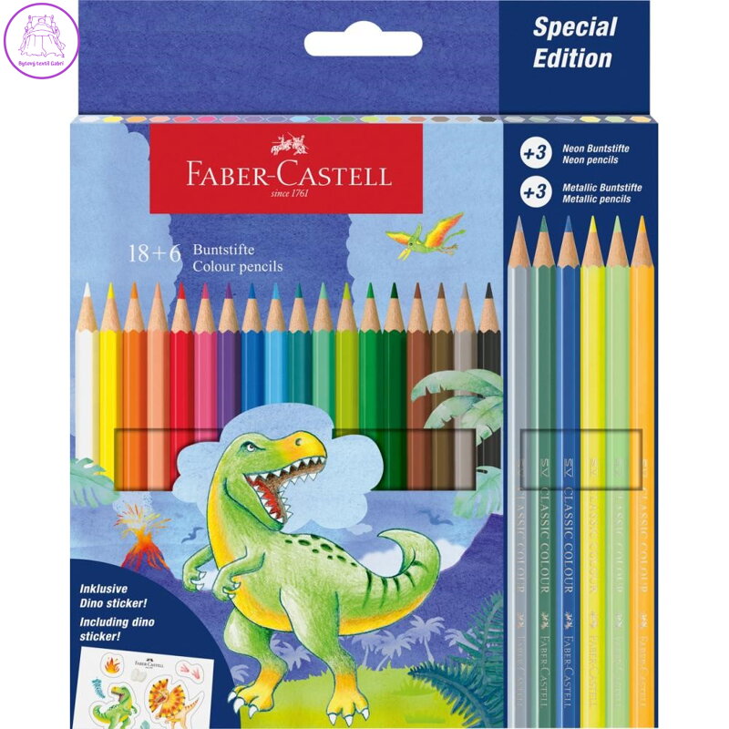 Sada pastelek Faber-Castell Dino Colour Classic 18+6 neonových a metalických - Dino Sada pastelek Faber-Castell Dino Colour Classic 18+6 neonových a metalických - Dino