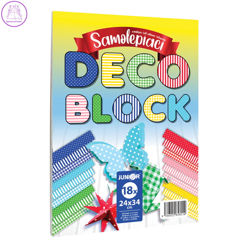Blok dekoračného papiera - samolepiaci DECO BLOCK B4 24x34 cm, 18 ks (6 farieb x 3 vzory)