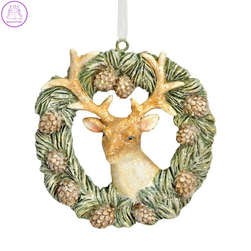 Věnec s borovými šiškami a jelenem, průměr 7 cm, se stuhou na zavěšení