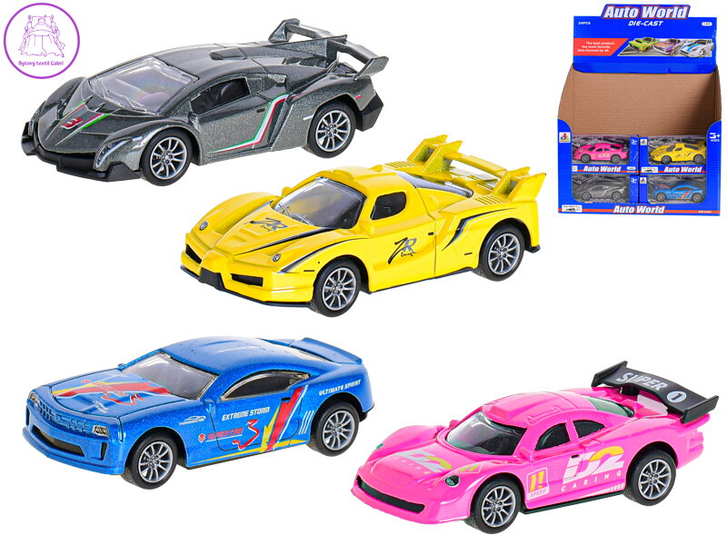 Auto sportovní 10cm 1:43 kov zpětný chod 4druhy v krabičce 24ks v DBX Auto sportovní 10cm 1:43 kov zpětný chod 4druhy v krabičce 24ks v DBX