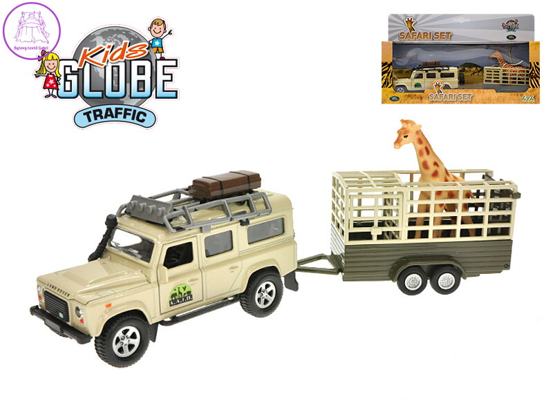 Kids Globe Traffic Land Rover Defender 14cm kov na zpětný chod s přívěsem 14cm a žirafou v Kids Globe Traffic Land Rover Defender 14cm kov na zpětný chod s přívěsem 14cm a žirafou v