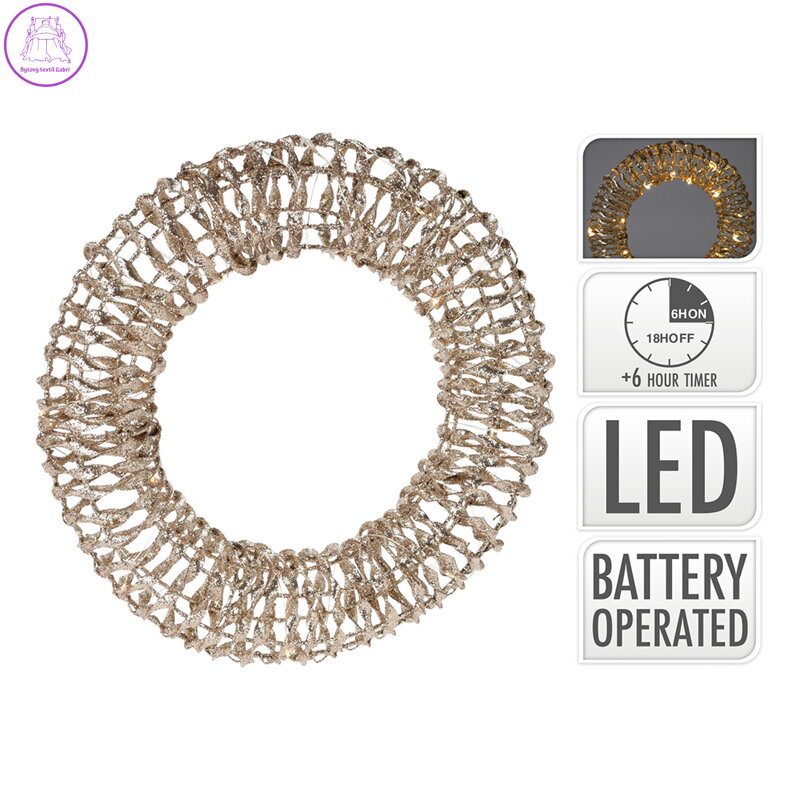 Dekorace - věnec s LED světlem 30 cm, zlatá třpytivá barva