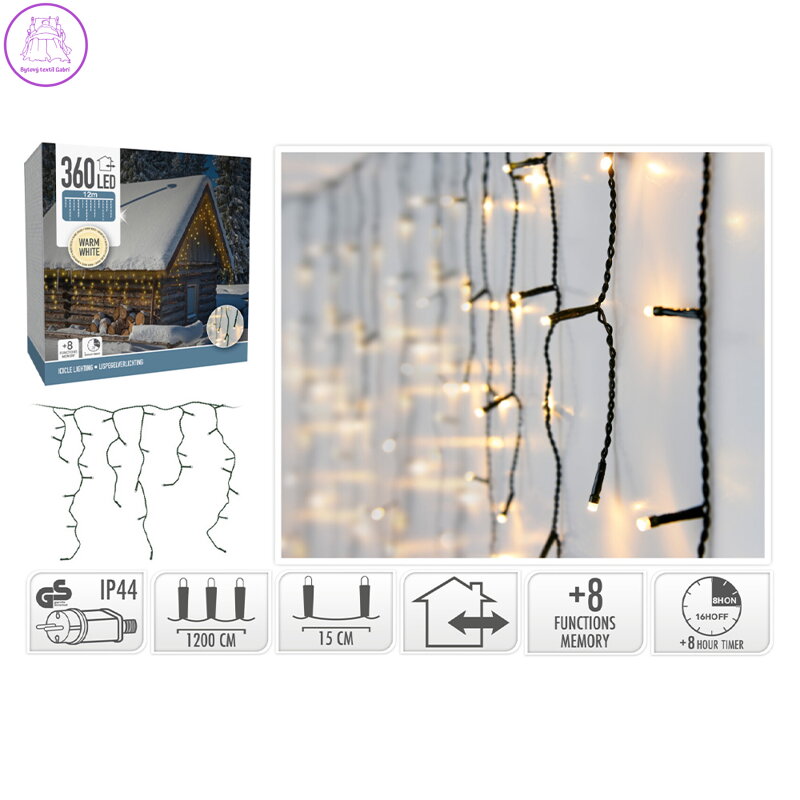 Závěsný světelný řetěz 360 LED, délka 1,2 m, venkovní. Použití na 230 V