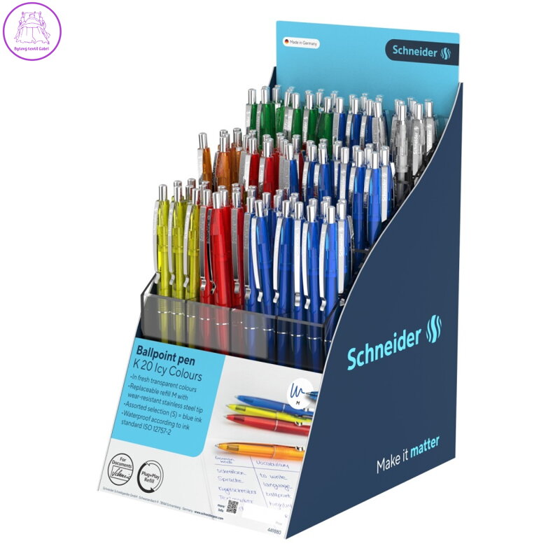 Prezentační stojan Pero kuličkové Schneider K20 Icy Colours Mix 100 ks - modrá náplň