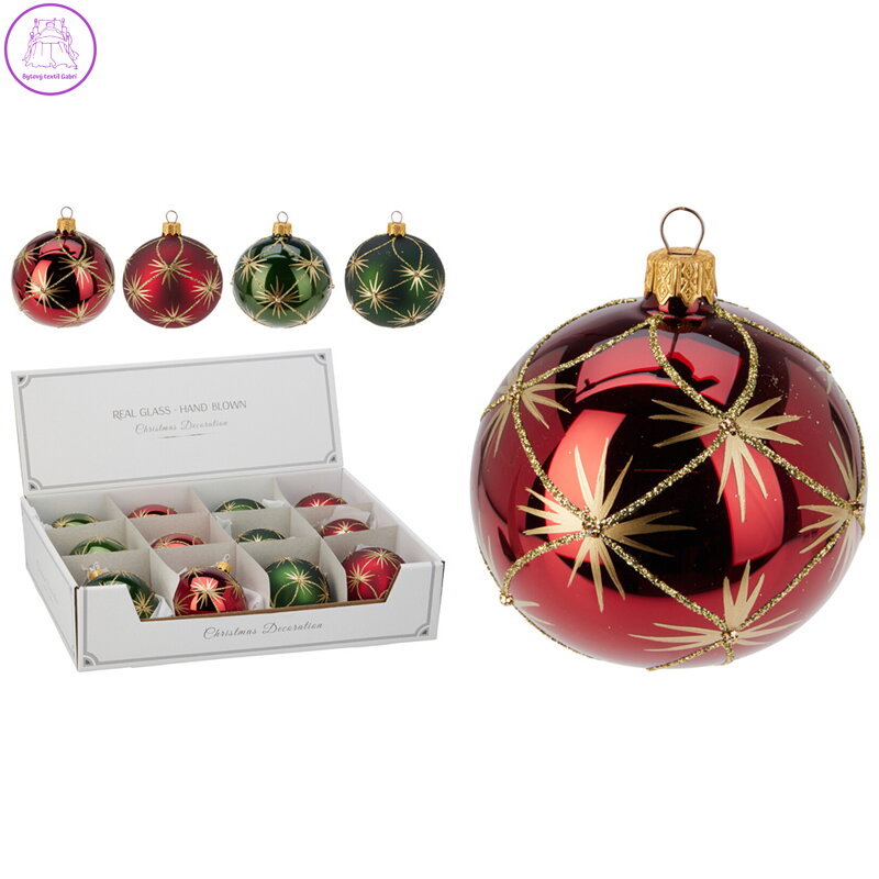 Vánoční koule 80 mm, třpytivý zlatý dekor (mix 4 barev, cena /1 ks)