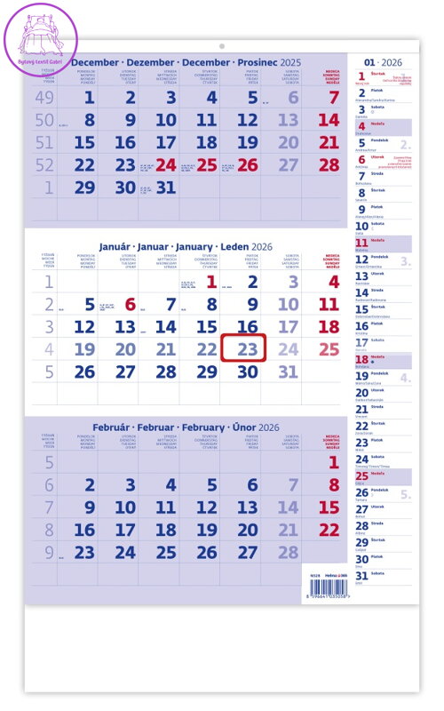 Nástěnný kalendář 2026 - tříměsíční modrý s poznámkami Nástěnný kalendář 2026 - tříměsíční modrý s poznámkami