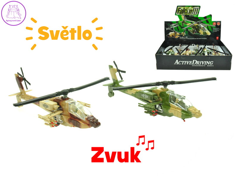 Mission Control helikoptéra vojenská 20cm kov zpětný chod na baterie+světlo a zvuk 2barvy Mission Control helikoptéra vojenská 20cm kov zpětný chod na baterie+světlo a zvuk 2barvy