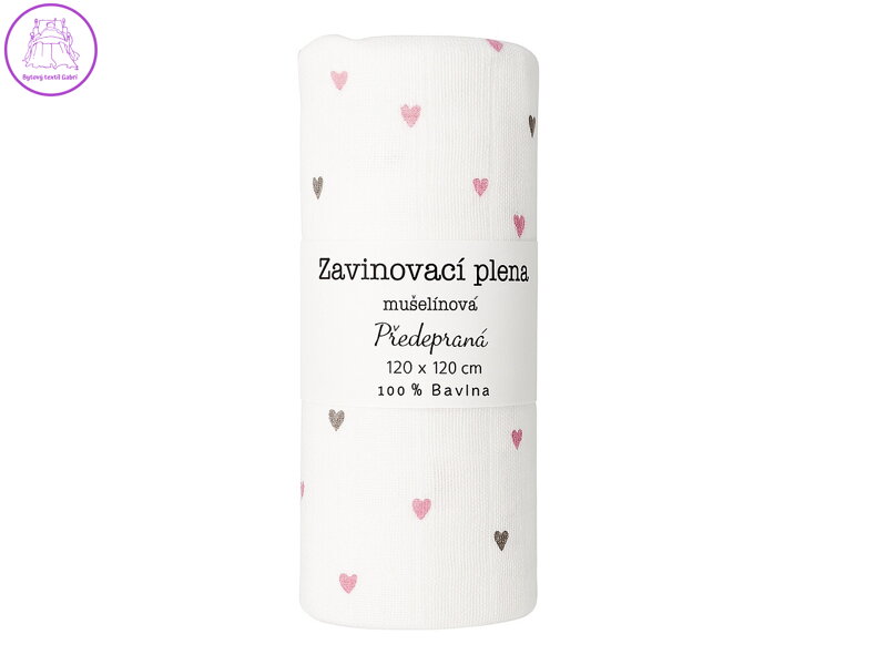 Zavinovací plena 120x120 cm Fialová srdíčka (balení 1 ks)