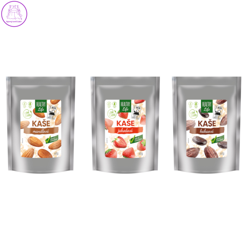 MKM pack Low carb kaše se sladidlem, jahodová, mandlová, kaková, výhodné balení 3 ks