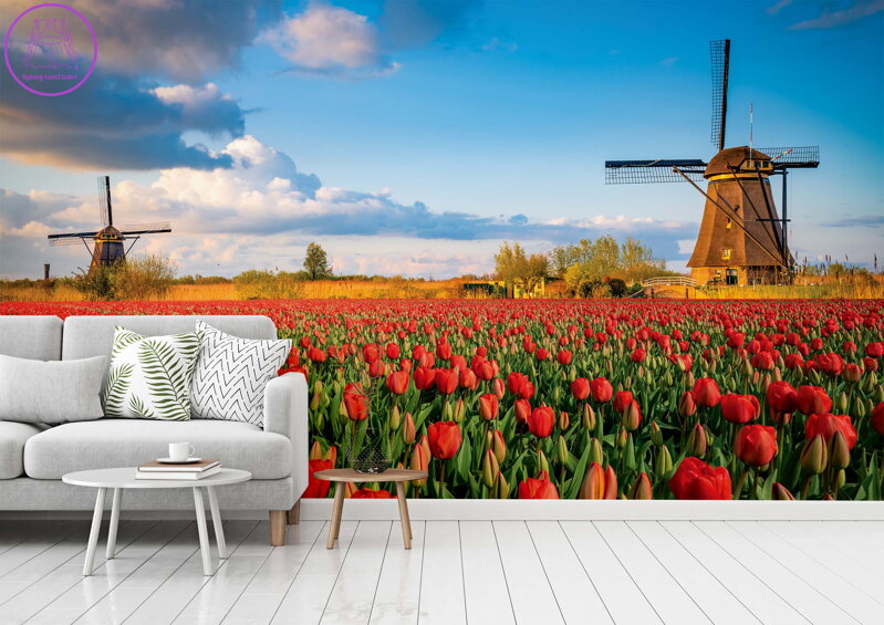 Tapeta Větrné mlýny s tulipány