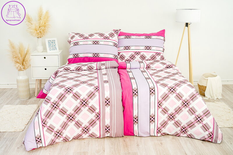 Ložní povlečení bavlněné Stanex kostka růžová (LS216), 140 x 220 + 90 x 70, Knoflíkové