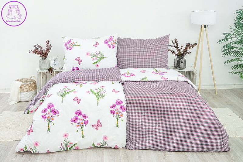 Ložní povlečení bavlněné Stanex jaro fialové (LS246), 140 x 220 + 90 x 70, Knoflíkové