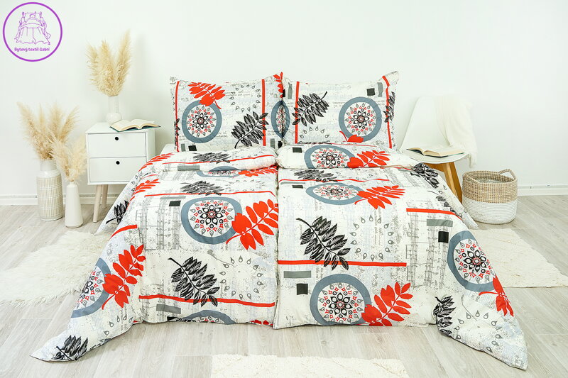 Ložní povlečení krepové Stanex kapradí šedo červené (LS77), 140 x 220 + 90 x 70, Knoflíkové