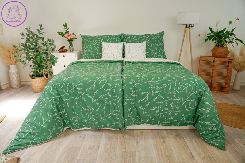 Ložní povlečení bavlněné Stanex zelené lístky (LS413), 140 x 200 + 90 x 70, Knoflíkové