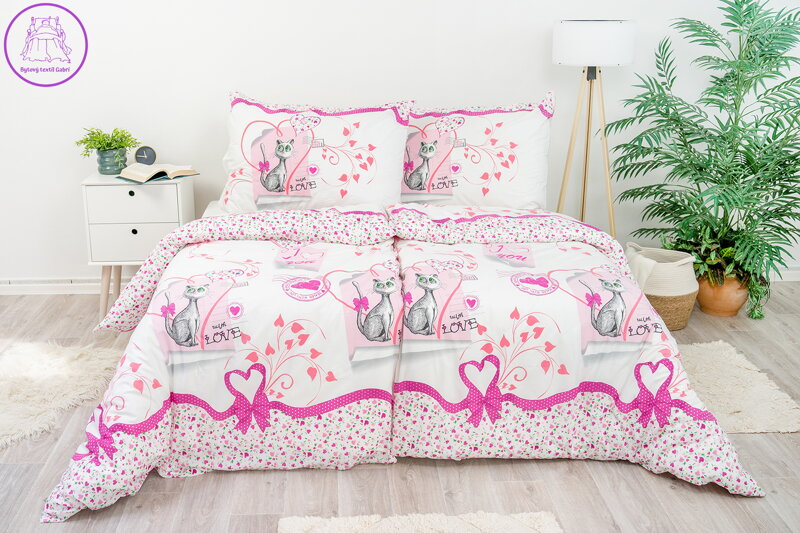 Ložní povlečení bavlněné Stanex kočičky růžové (LS332), 140 x 200 + 90 x 70, Knoflíkové