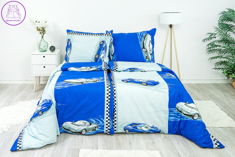 Ložní povlečení bavlněné Stanex auta modrá (LS122), 140 x 200 + 90 x 70, Knoflíkové