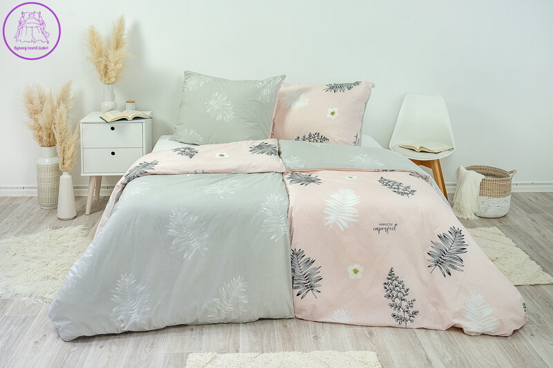 Ložní povlečení bavlněné Stanex kapradí růžovo-šedé (LS292), 140 x 200 + 90 x 70, Knoflíkové