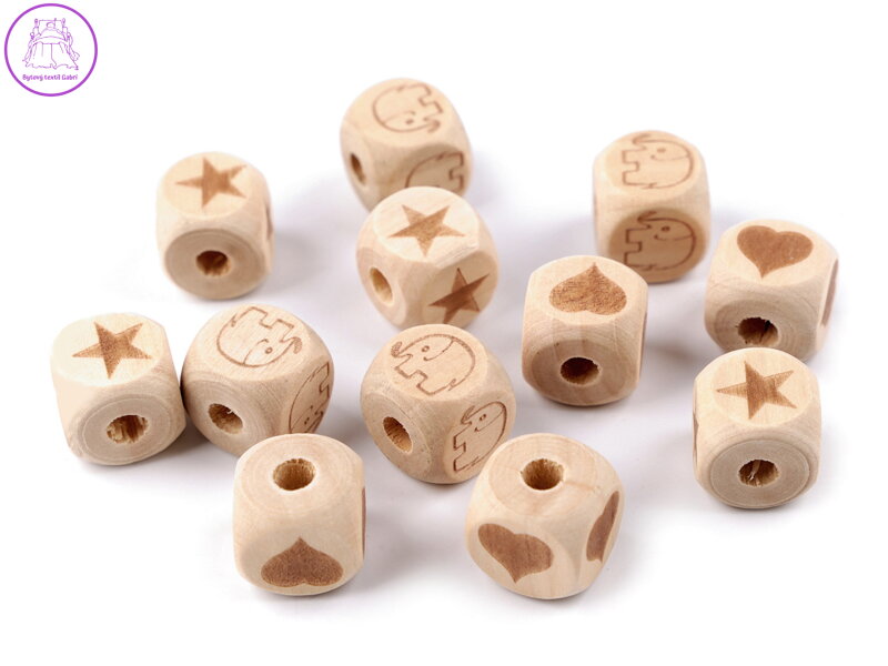 Dřevěné korálky kostka slon, srdce, hvězda 14x14 mm Dřevěné korálky kostka slon, srdce, hvězda 14x14 mm