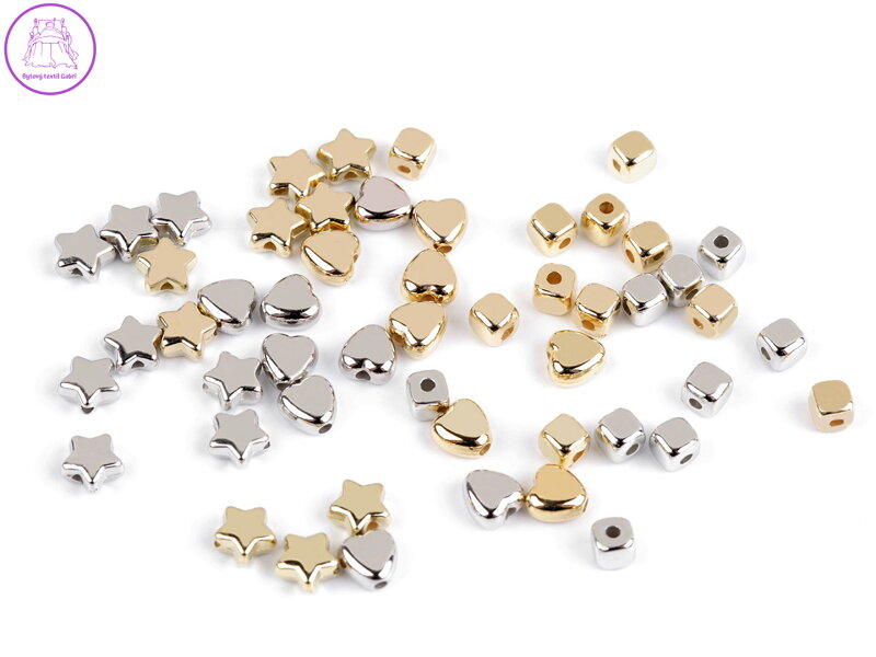 Plastové korálky mini hvězdičky, srdíčka, kostky metalické