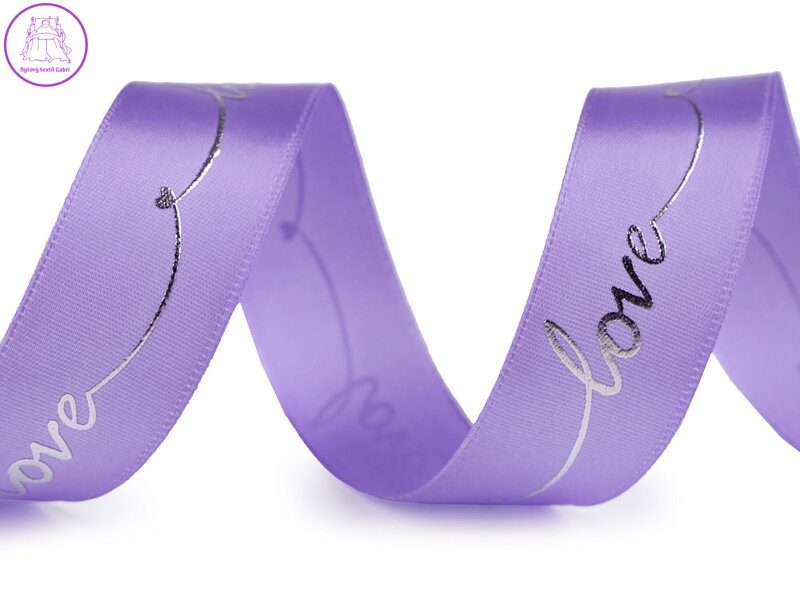 Saténová stuha s metalickým potiskem Love šíře 26 mm