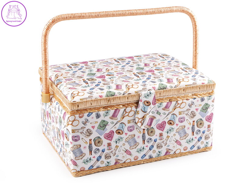 Kazeta / košík na šití čalouněný, krejčovský motiv