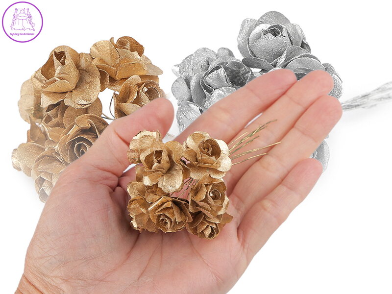 Umělá papírová mini růže metalická na drátku Umělá papírová mini růže metalická na drátku
