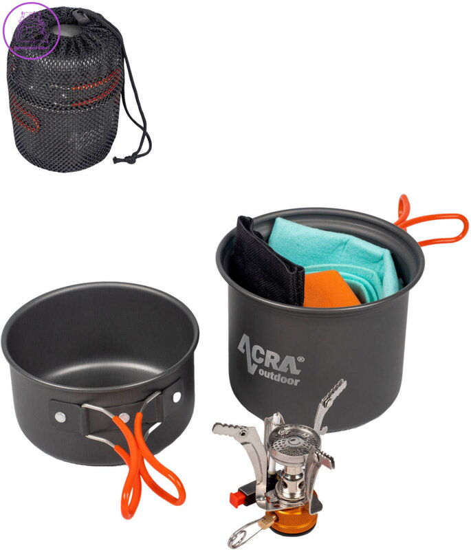 ACRA Camping set nádobí 2x ešus + plynový hořák s doplňky C23