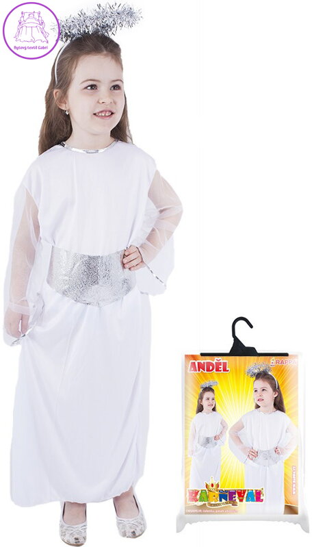 KARNEVAL Šaty anděl + svatozář vel. M 6-8 let (116-128cm)  KOSTÝM