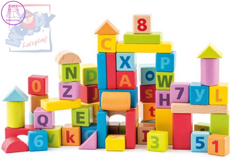 WOODY DŘEVO Pastelové baby kostky naučné s písmeny a číslicemi set 40ks