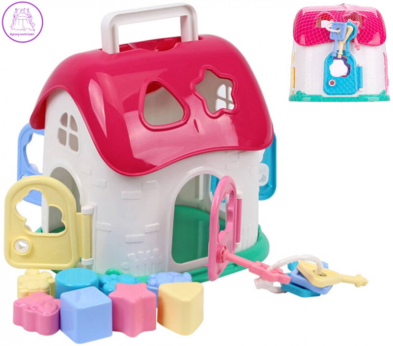Domeček baby vkládací herní set s 8 tvary a svazkem klíčů v síťce