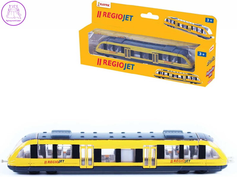Vlak regionální žlutý model Regiojet 17cm kovový v krabičce Vlak regionální žlutý model Regiojet 17cm kovový v krabičce