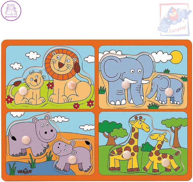 WOODY DŘEVO Baby puzzle s úchyty mláďata 4x2 dílky na desce pro miminko