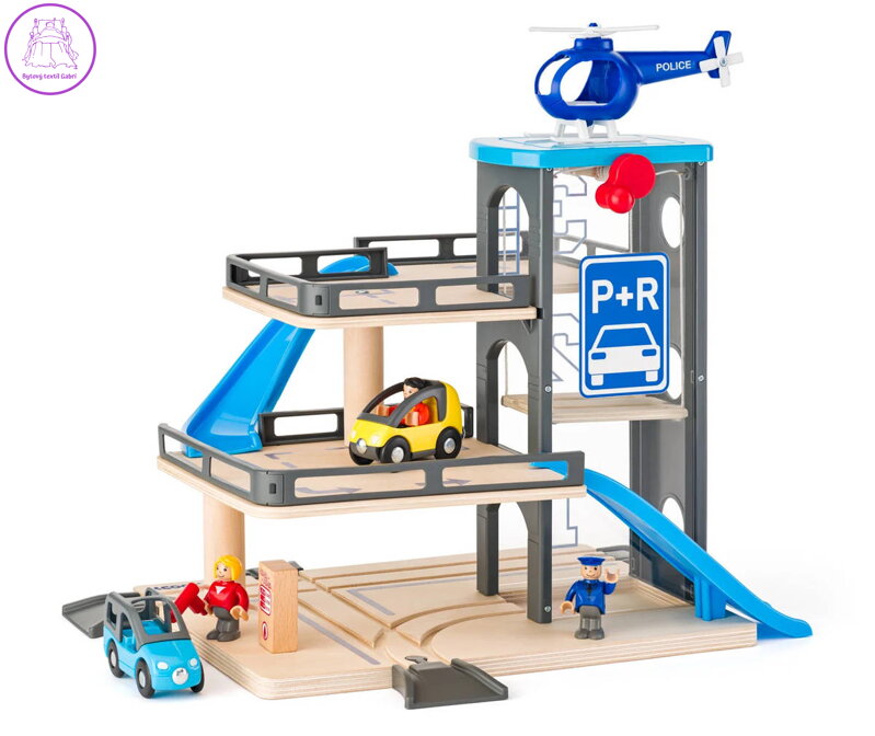WOODY Garáž dřevěná s výtahem, autíčky a heliportem