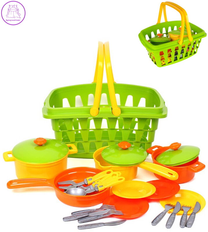 Kuchyňský set dětské barevné nádobí s nákupním košíkem 23ks plast