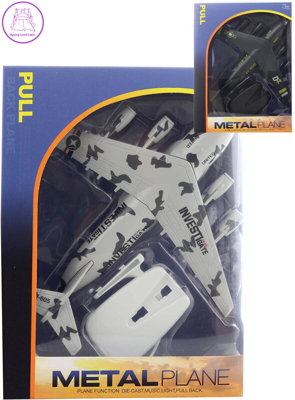 Letadlo army kovové zpětný chod se stojánkem na baterie 2 barvy Světlo Zvuk